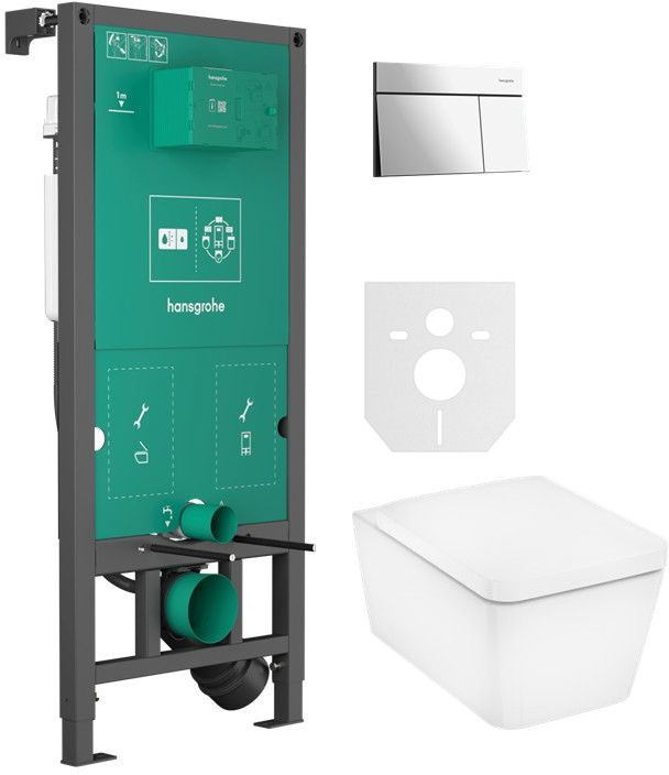 Sada WC mísa se sedátkem s pomalým sklápěním Hansgrohe EluPura Q 60293450, splachovací tlačítko Hansgrohe Element E 66003000, 01022180