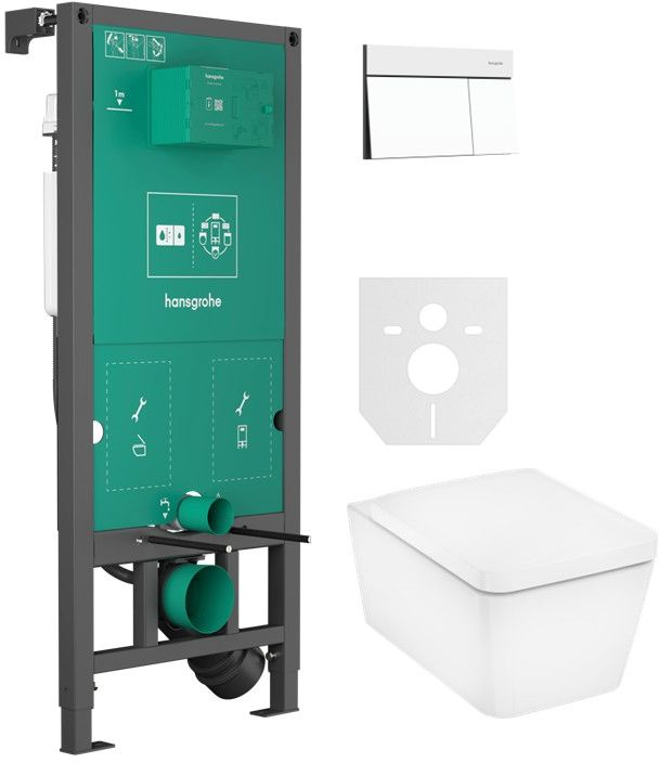 Sada WC mísa se sedátkem s pomalým sklápěním Hansgrohe EluPura Q 60293450, splachovací tlačítko Hansgrohe Element E 66003700, 01022180