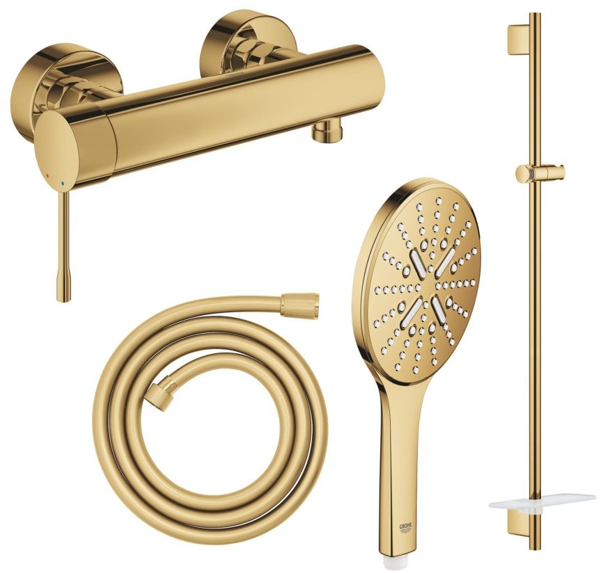 Sada sprchová baterie Grohe Essence 33636GL1, sprchová tyč Grohe Rainshower 26603GL0, 26574GL0, 28388GL1