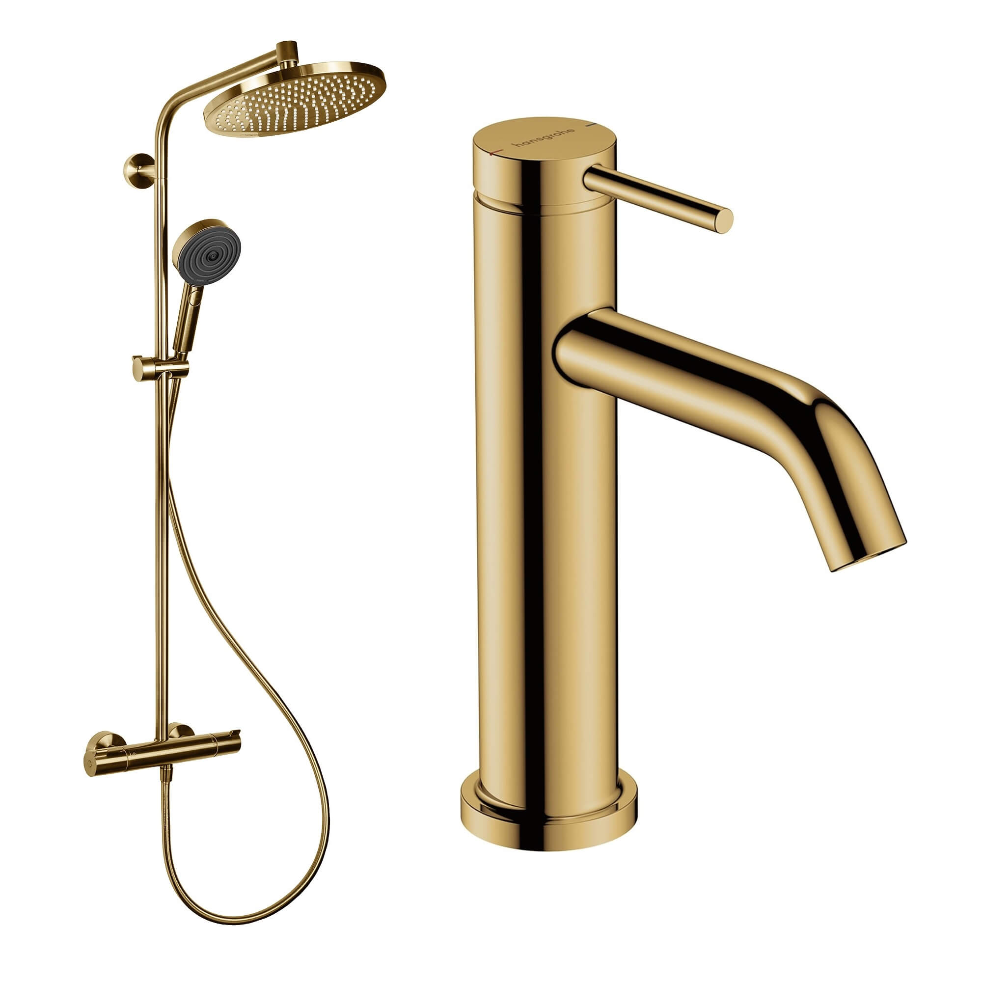 Hansgrohe Crometta sada koupelnových doplňků na stěnu s termostatem s dešťovou sprchou zlatá 88002388
