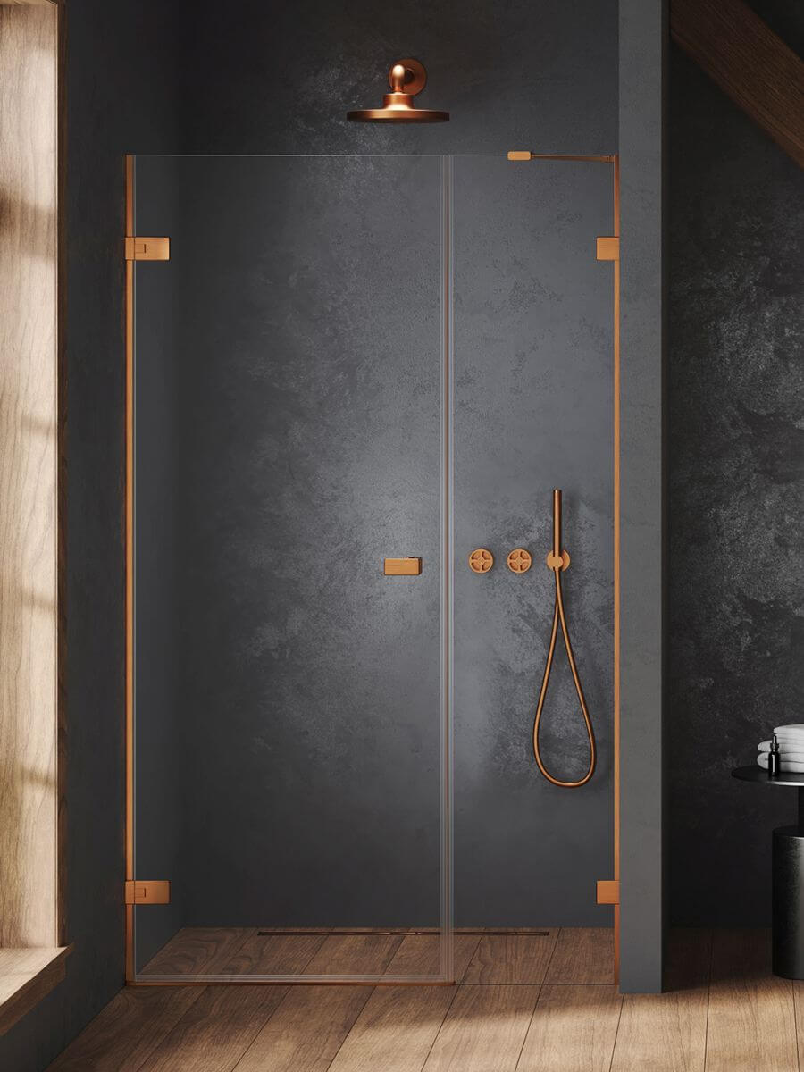 New Trendy Oxia Copper Brushed sprchové dveře 120 cm sklopné měděná kartáčovaný/průhledné sklo AXJ-0674-WU