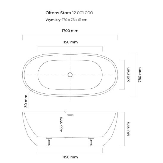 Sada volně stojící vana Oltens Stora 12001000, kryt zátky Oltens 09002000