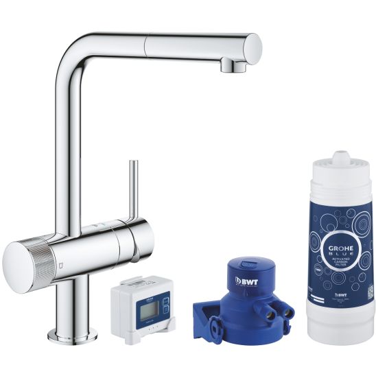 Set startovací sada s kuchyňskou baterií Grohe Blue 30382000, ocelový dřez Grohe K700 31574SD1