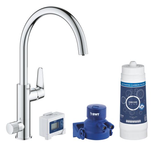 Set startovací sada s kuchyňskou baterií Grohe Blue 30385000, ocelový dřez Grohe K700 31726SD0