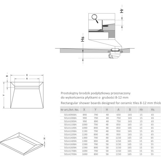 Set sprchová vanička pro instalaci do obkladu Radaway Basic 5DLB1208A, rošt sprchového odtoku Radaway Basic 5R055B, 5SL1