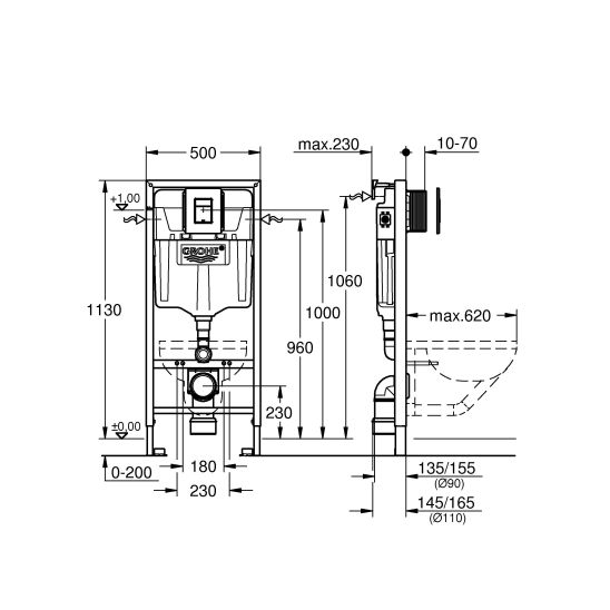 Sada záchodová mísa Grohe Cube Ceramic 3924500H, podomítkový WC modul s tlačítkem a těsněním Grohe Solido 39930000, 39488000