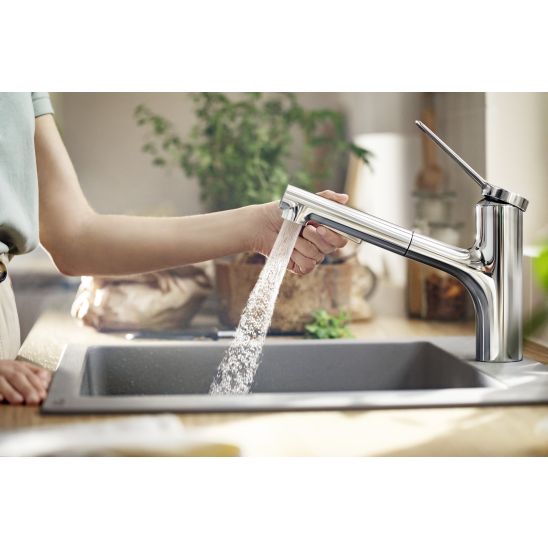 Sada ocelový dřez Hansgrohe S41 43334800, kuchyňská baterie Hansgrohe Zesis M33 74800000