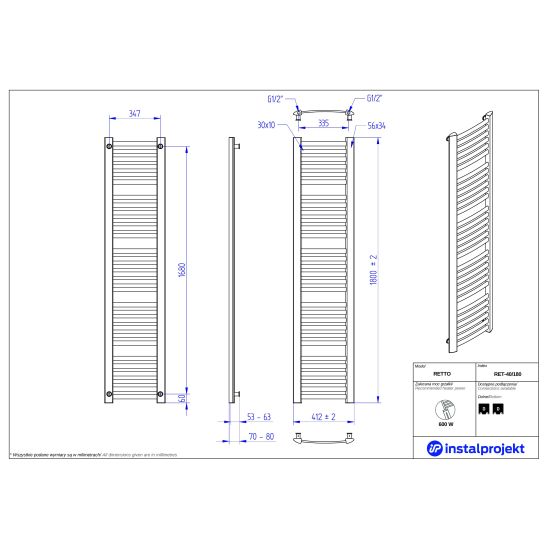 Sada koupelnový radiátor Instal Projekt Retto RET-40/180C12, termostatická sada Instal Projekt Z17 606400002C12