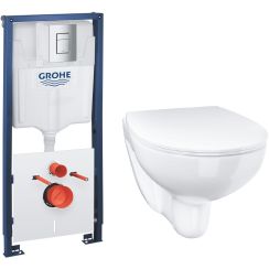 Sada podomítkový WC modul s tlačítkem a těsněním Grohe Solido 39930000, WC mísa se sedátkem s pomalým sklápěním Grohe Bau Ceramic 39899000